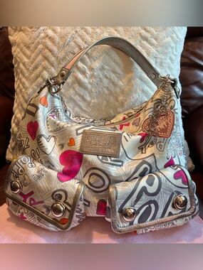 Coach Poppy Graffiti Shoulder Bag with Heart Accents